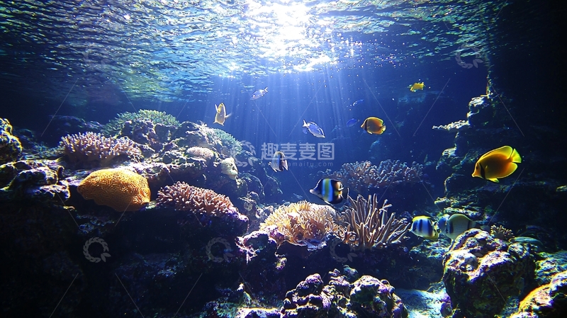 高清大图下载【趣麦麦图】阳光透过海水照射珊瑚礁