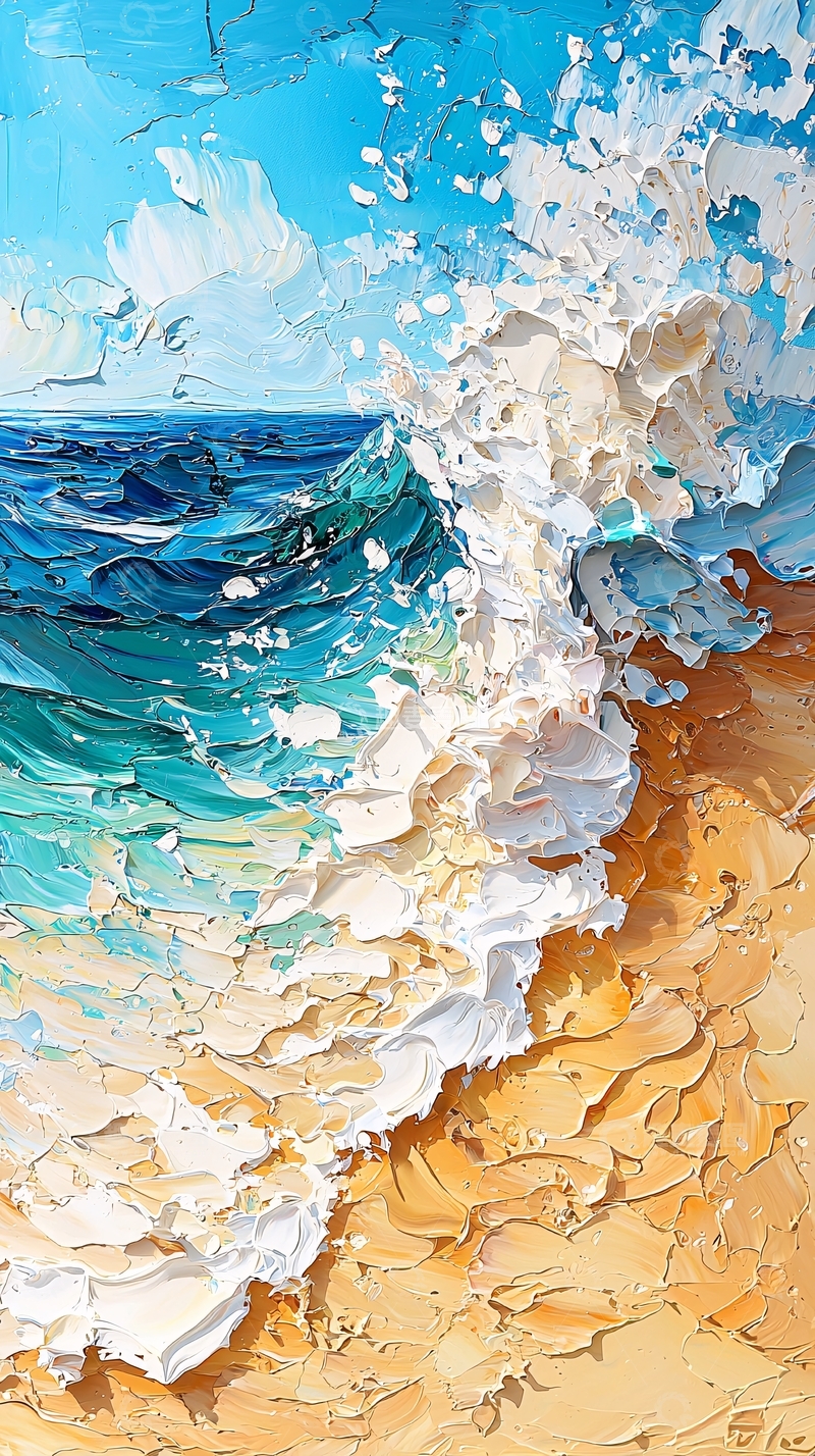 高清大图下载【趣麦麦图】海浪拍打沙滩的油画