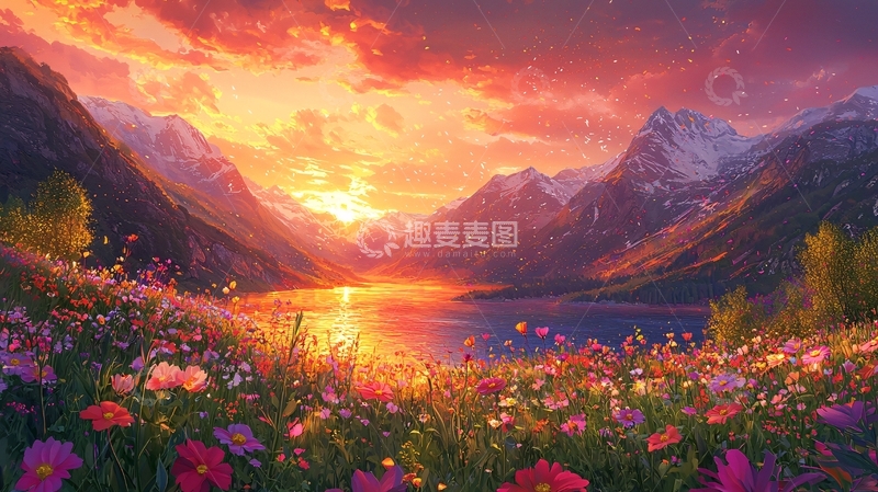 高清大图下载【趣麦麦图】壮丽山河日落花海