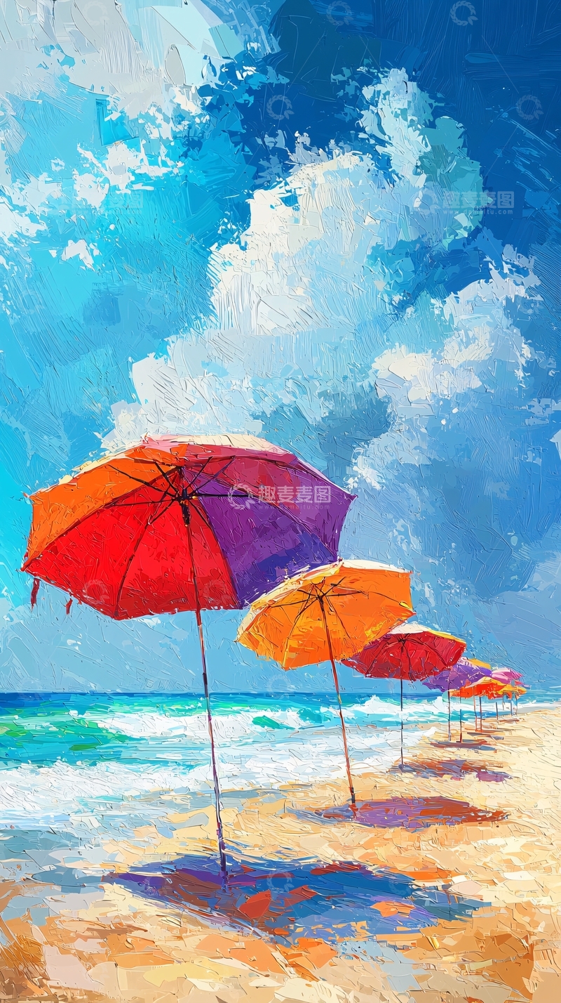 高清大图下载【趣麦麦图】海滩上的彩色遮阳伞