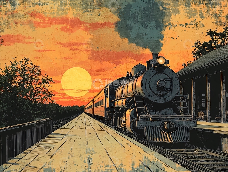 高清大图下载【趣麦麦图】夕阳下火车驶过木桥