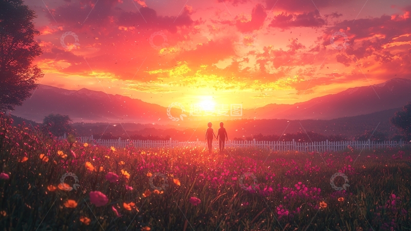 高清大图下载【趣麦麦图】情侣在花田夕阳下漫步