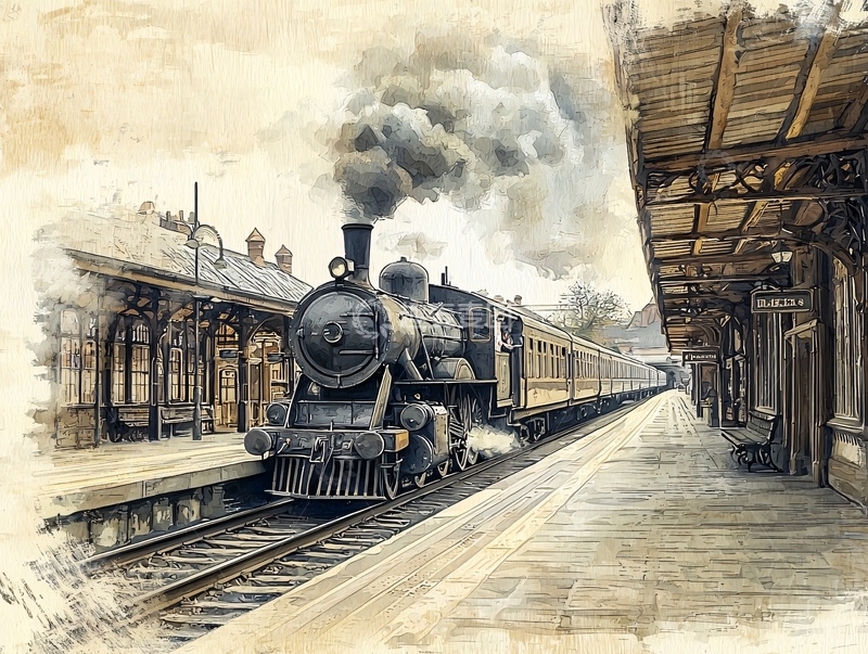 高清大图下载【趣麦麦图】蒸汽火车站台风景画