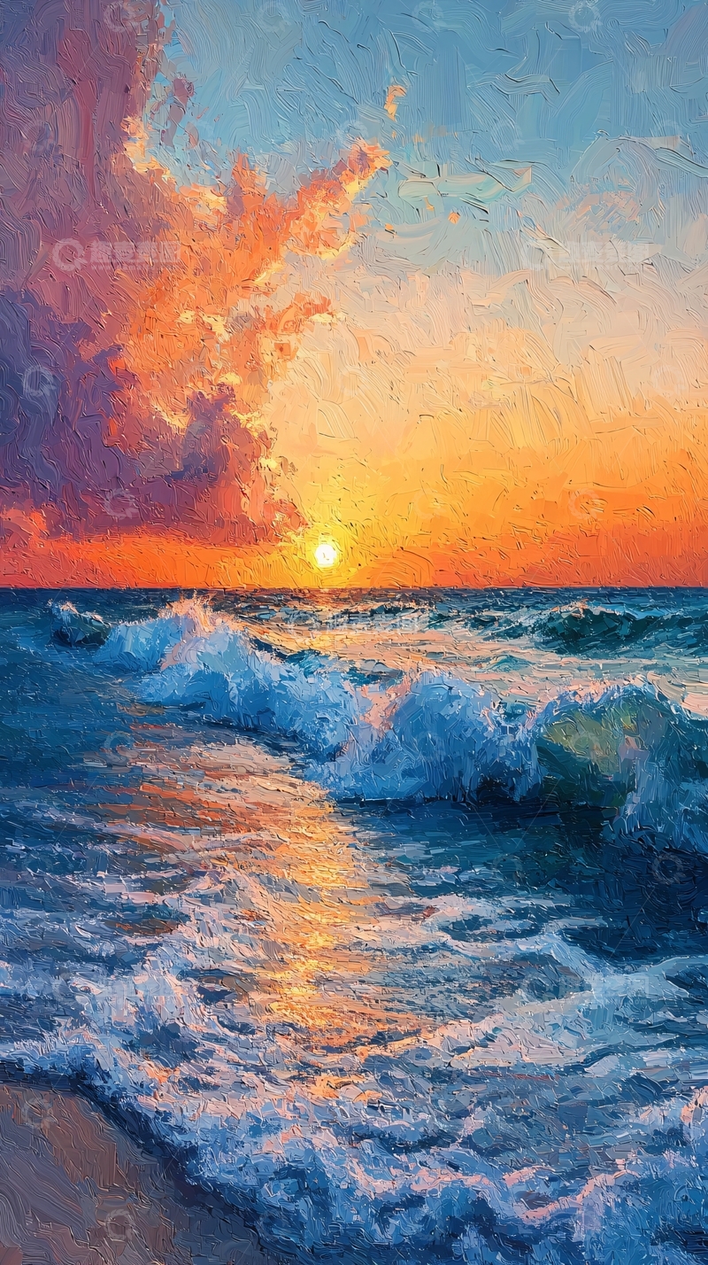 高清大图下载【趣麦麦图】日落海滩波浪油画