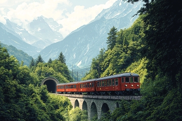 红色列车穿梭于山间