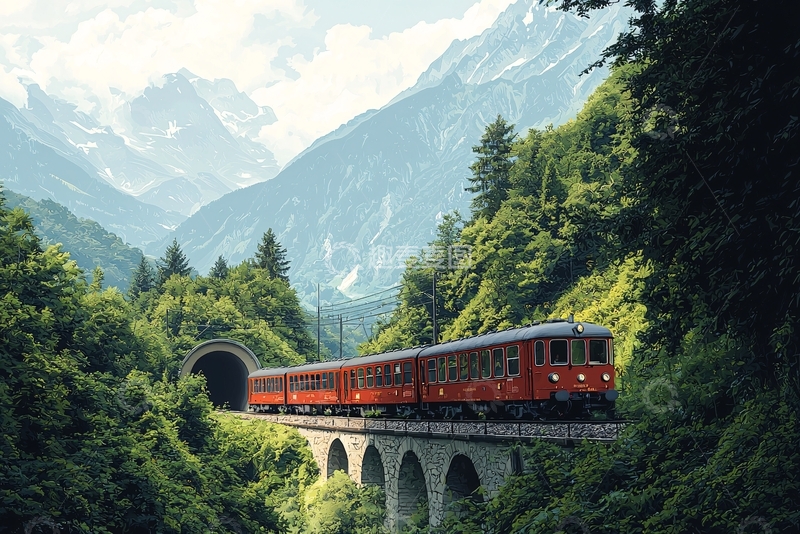 高清大图下载【趣麦麦图】红色列车穿梭于山间