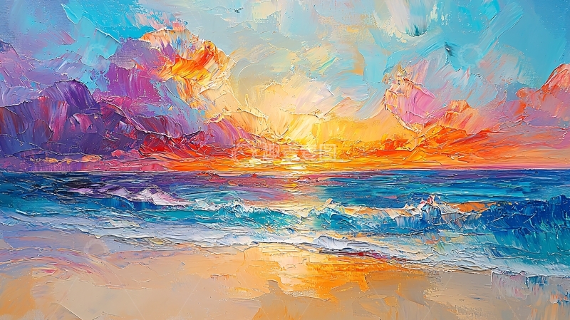 高清大图下载【趣麦麦图】色彩绚丽的油画海滩日落