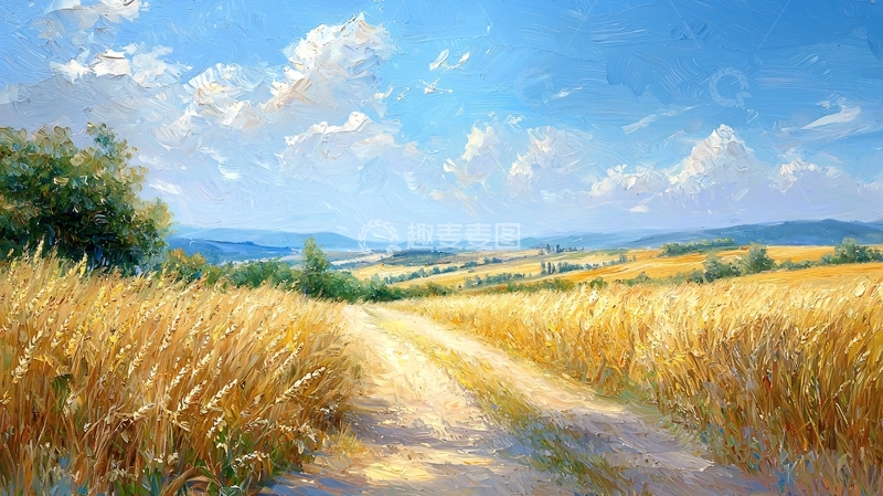 高清大图下载【趣麦麦图】金黄麦田小路风景画