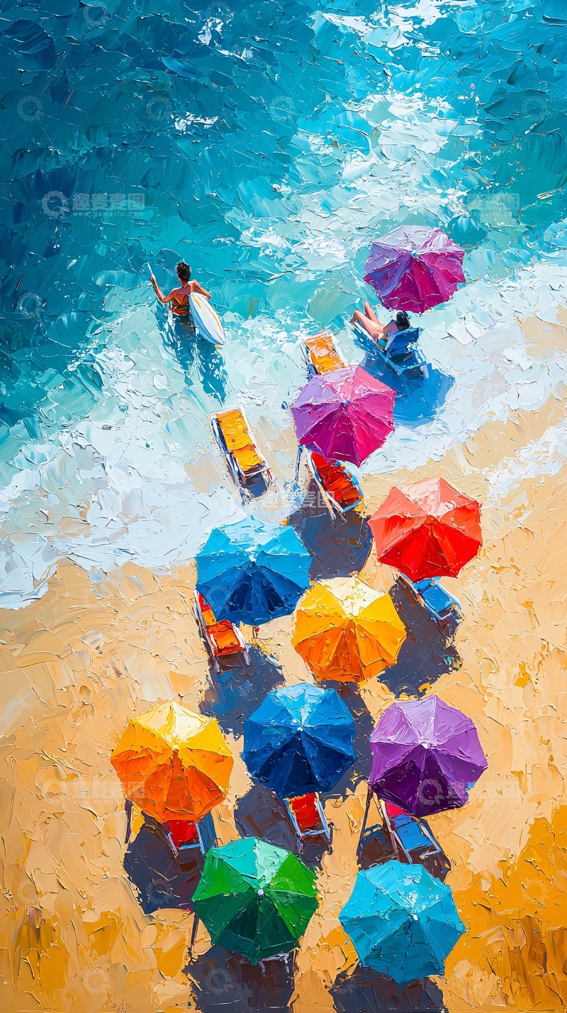 高清大图下载【趣麦麦图】海滩上五彩缤纷的遮阳伞