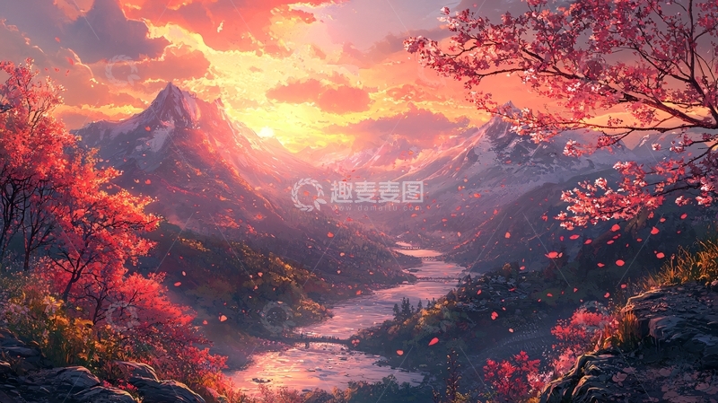 高清大图下载【趣麦麦图】日落雪山樱花美景