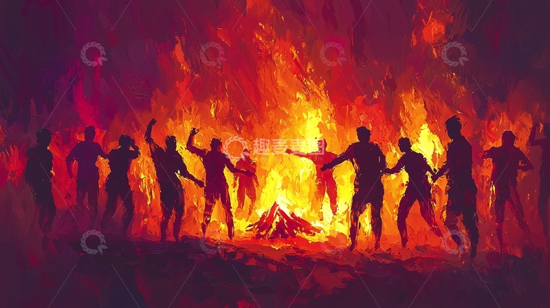 高清大图下载【趣麦麦图】篝火旁跳舞的人群剪影