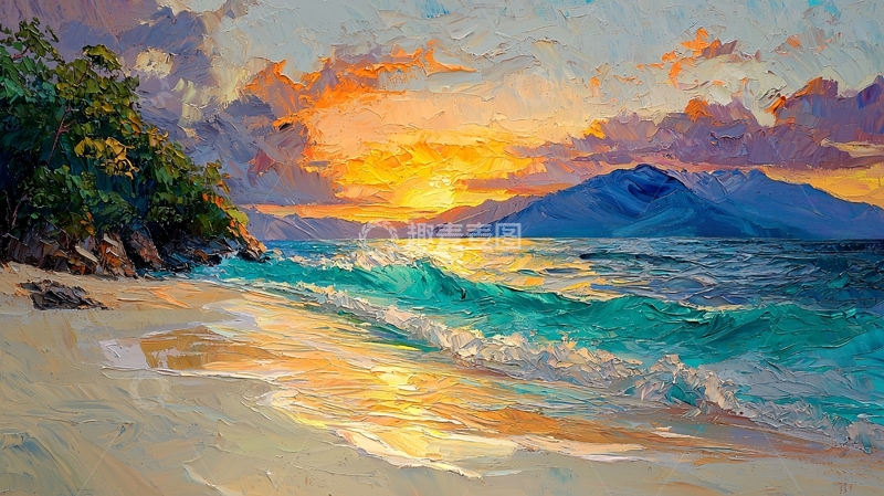 高清大图下载【趣麦麦图】热带海滩日落风景画