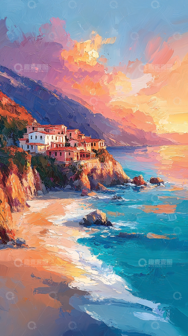 高清大图下载【趣麦麦图】海边小镇日落景色