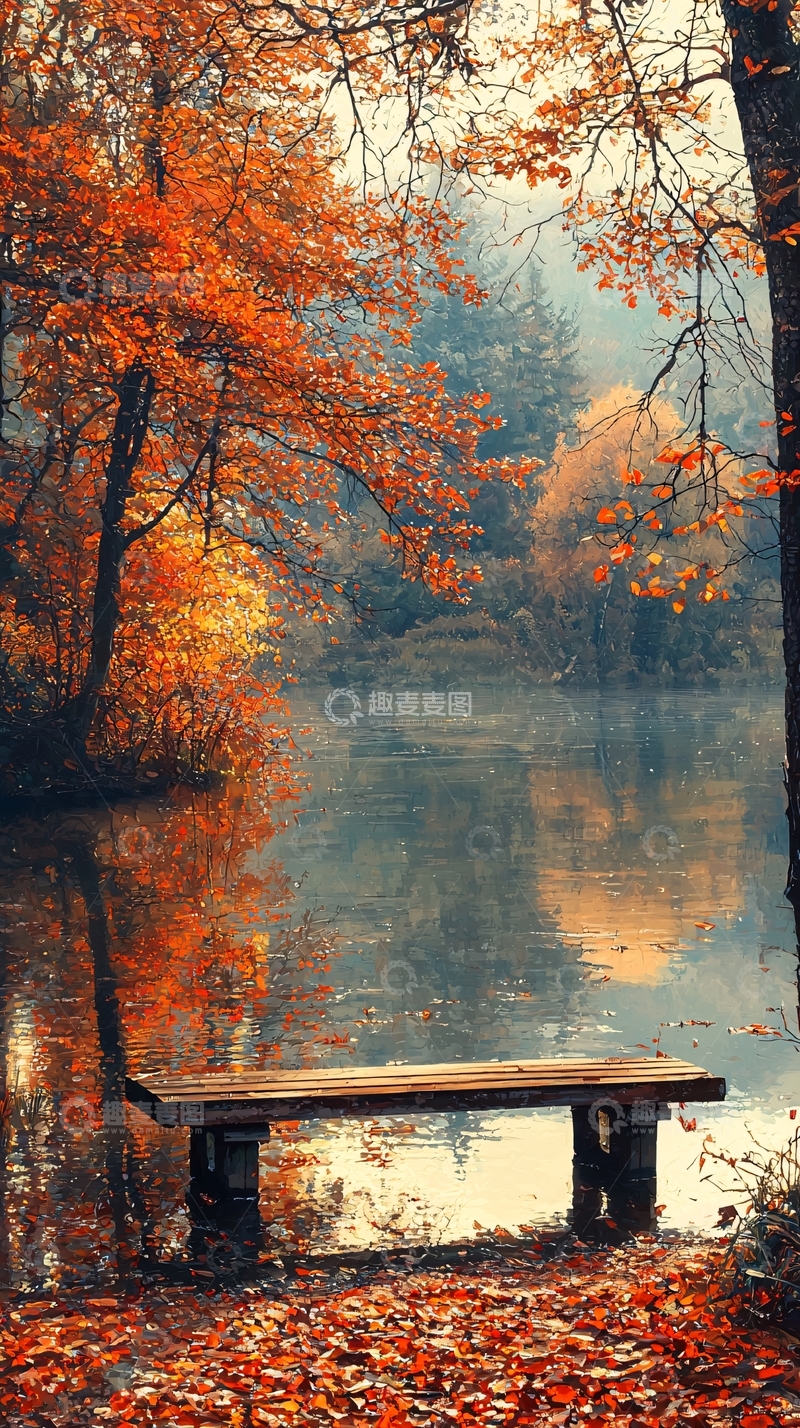 高清大图下载【趣麦麦图】秋日湖边长椅落叶
