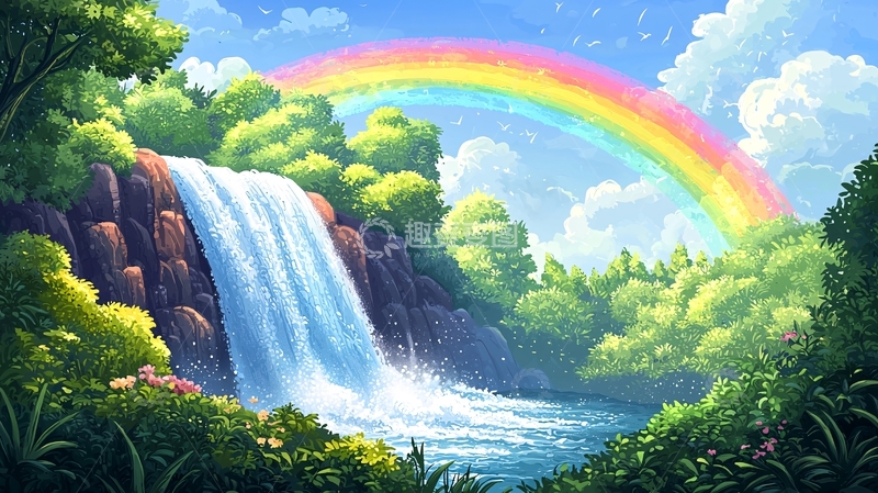 高清大图下载【趣麦麦图】彩虹瀑布森林