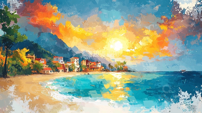 高清大图下载【趣麦麦图】海边小镇日落风景画