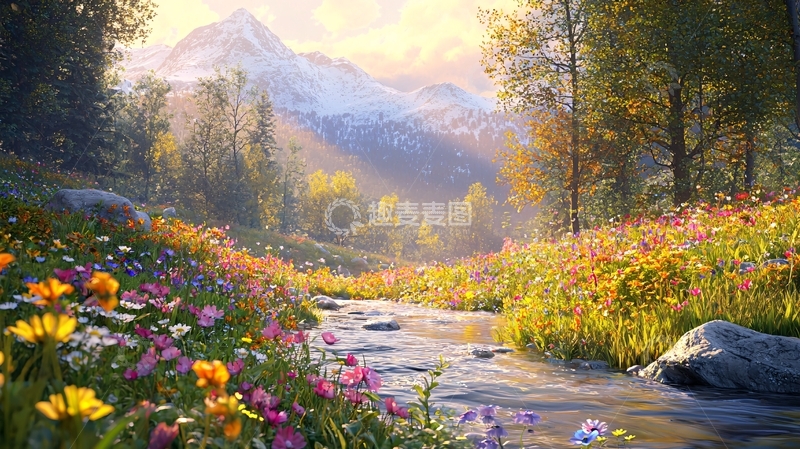 高清大图下载【趣麦麦图】山间溪流野花盛开
