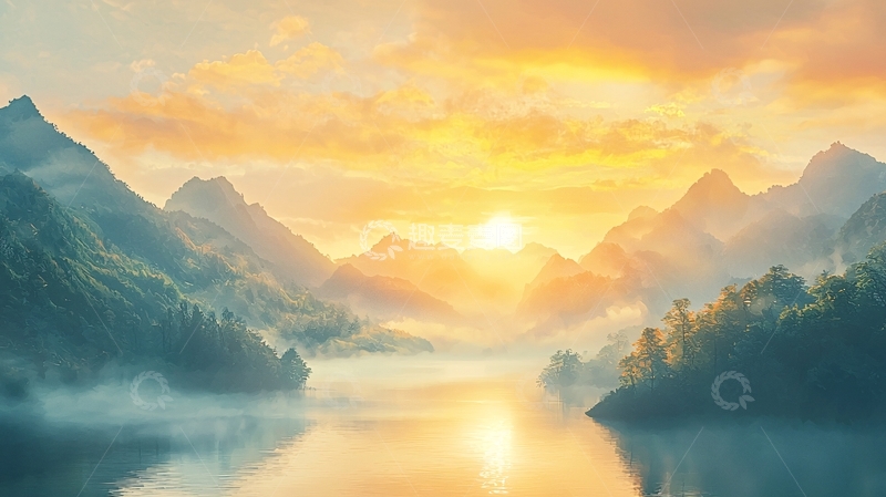 高清大图下载【趣麦麦图】朝霞映照下的山峦湖泊