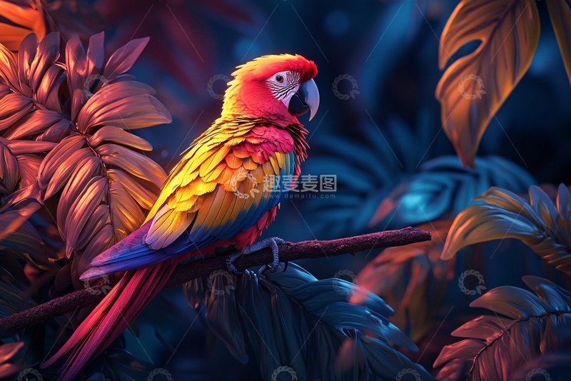 高清大图下载【趣麦麦图】红金刚鹦鹉栖息枝头
