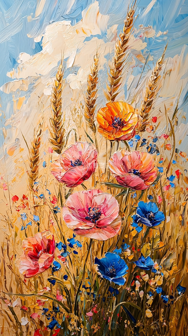 高清大图下载【趣麦麦图】油画罂粟花麦田风景