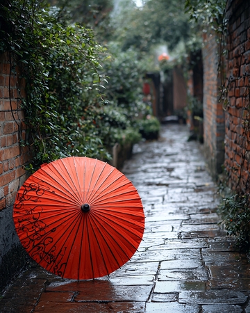 红色油纸伞在雨巷
