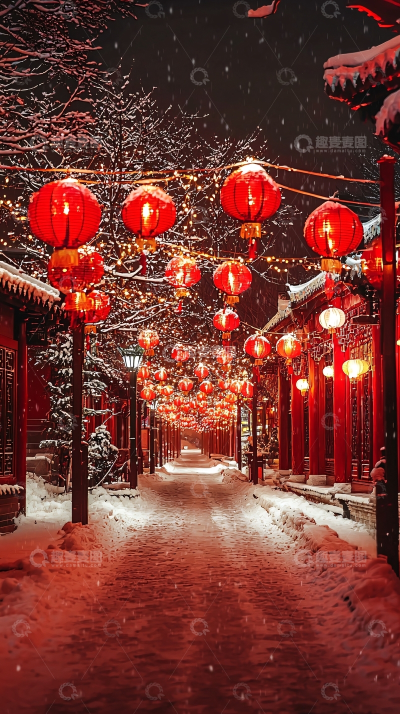 高清大图下载【趣麦麦图】雪夜红灯笼古街