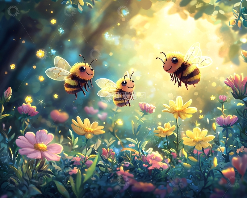 可爱蜜蜂在花丛中飞舞