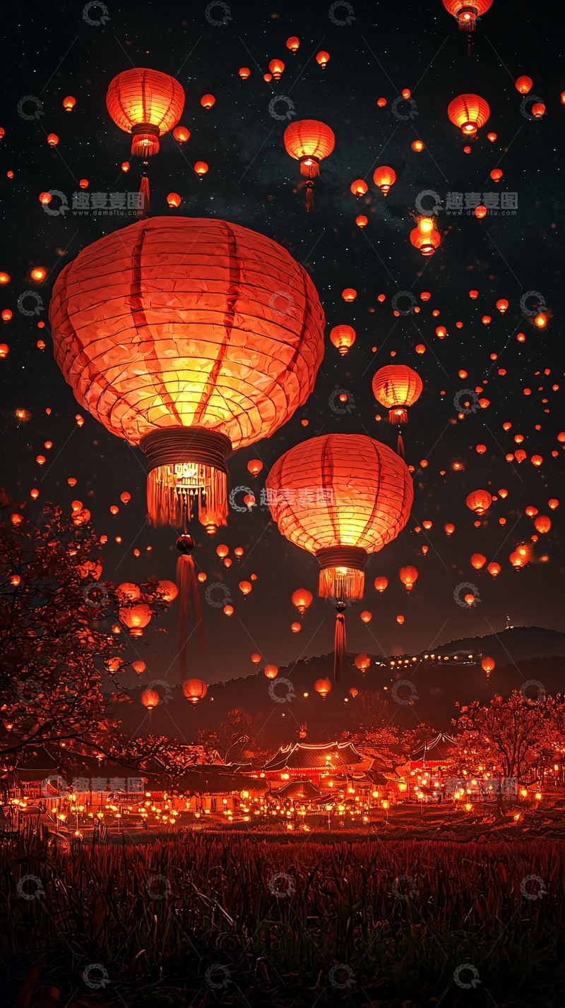 高清大图下载【趣麦麦图】夜空飞舞的红色灯笼