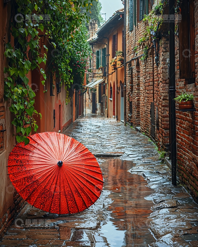 高清大图下载【趣麦麦图】雨中红伞小巷