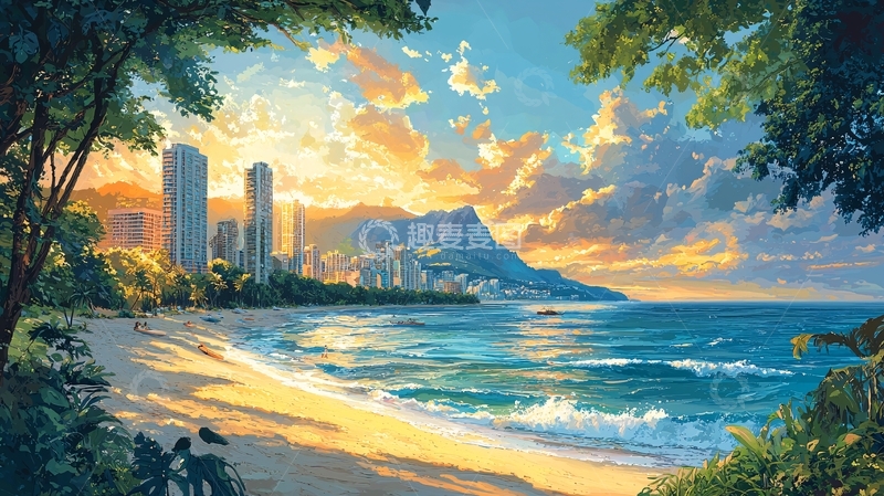 高清大图下载【趣麦麦图】海滩城市日落风景画