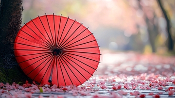 红色纸伞落叶小径