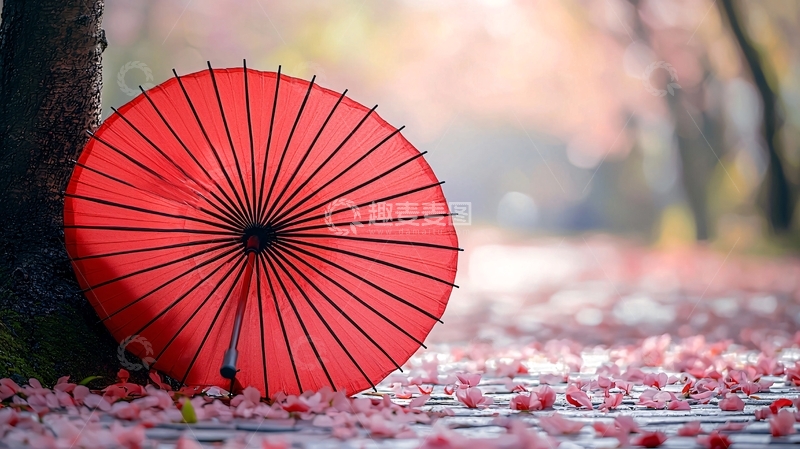 高清大图下载【趣麦麦图】红色纸伞落叶小径