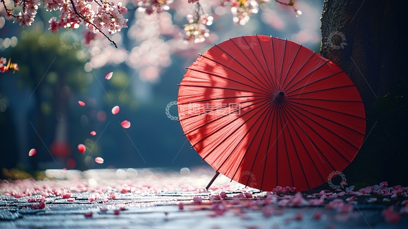高清大图下载【趣麦麦图】红伞樱花雨