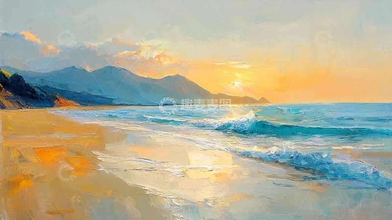 高清大图下载【趣麦麦图】日落海滩风景画