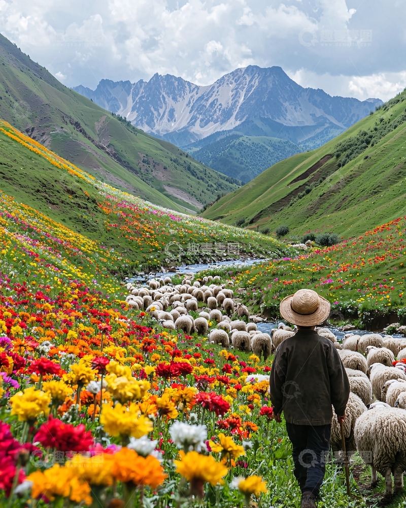 高清大图下载【趣麦麦图】山谷鲜花牧羊人