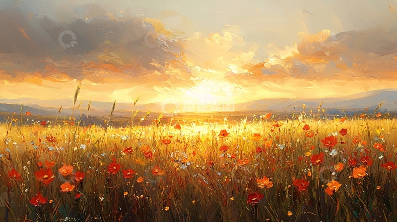 高清大图下载【趣麦麦图】金色麦田日落花海