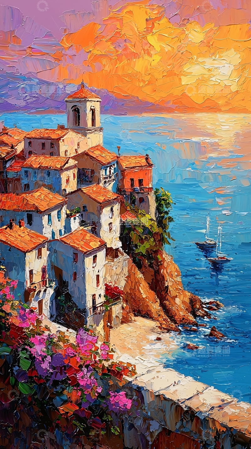 高清大图下载【趣麦麦图】地中海小镇日落风景画