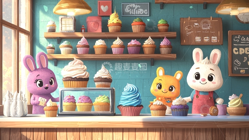 高清大图下载【趣麦麦图】卡通兔子甜品店