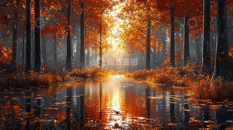 高清大图下载【趣麦麦图】秋日森林溪流倒影