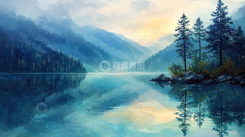 高清大图下载【趣麦麦图】山峦湖泊清晨宁静