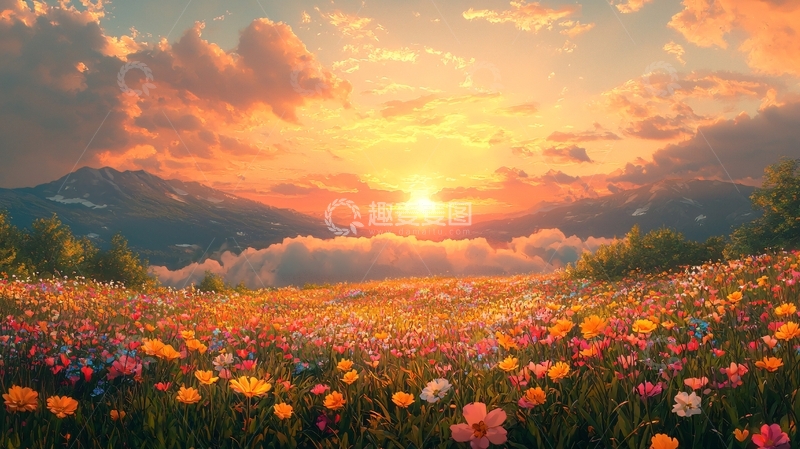 高清大图下载【趣麦麦图】日出花海山峦美景