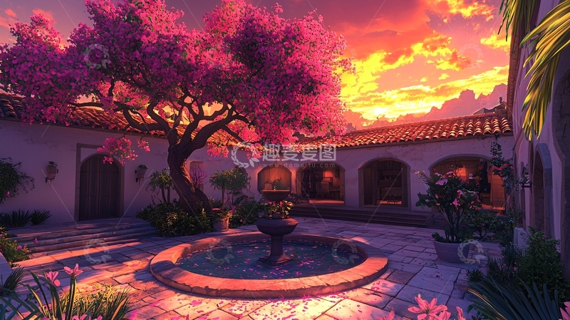 高清大图下载【趣麦麦图】梦幻庭院落日余晖