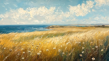 海边金黄麦田风景画