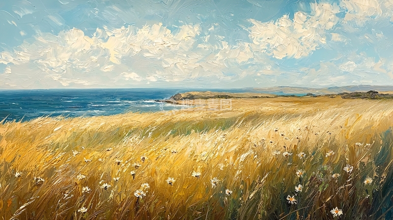 高清大图下载【趣麦麦图】海边金黄麦田风景画