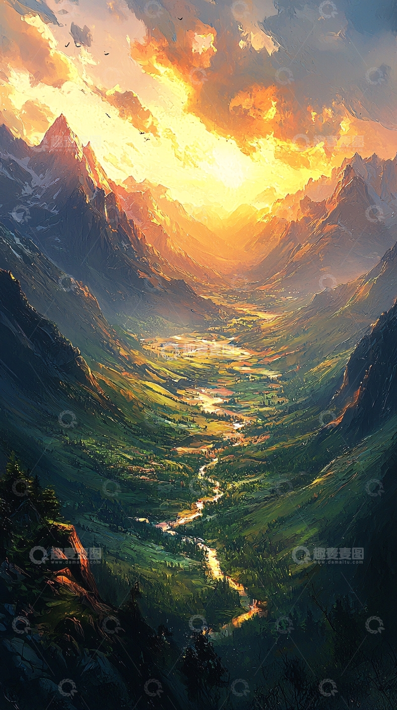 高清大图下载【趣麦麦图】壮丽山谷夕阳景色