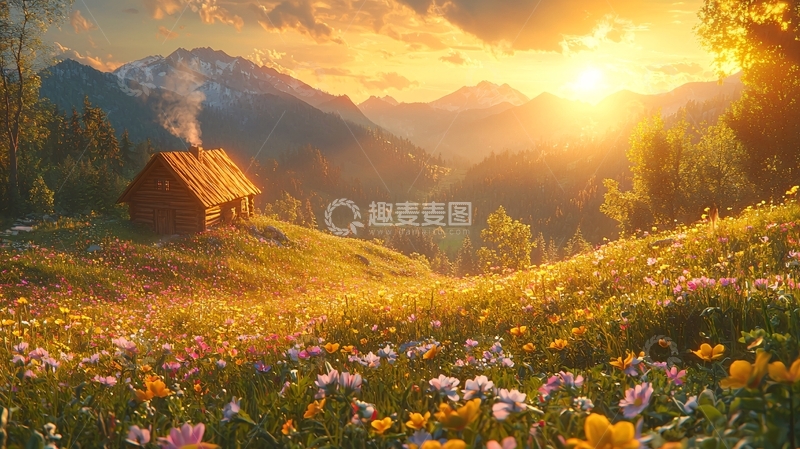 高清大图下载【趣麦麦图】山间小屋日出美景