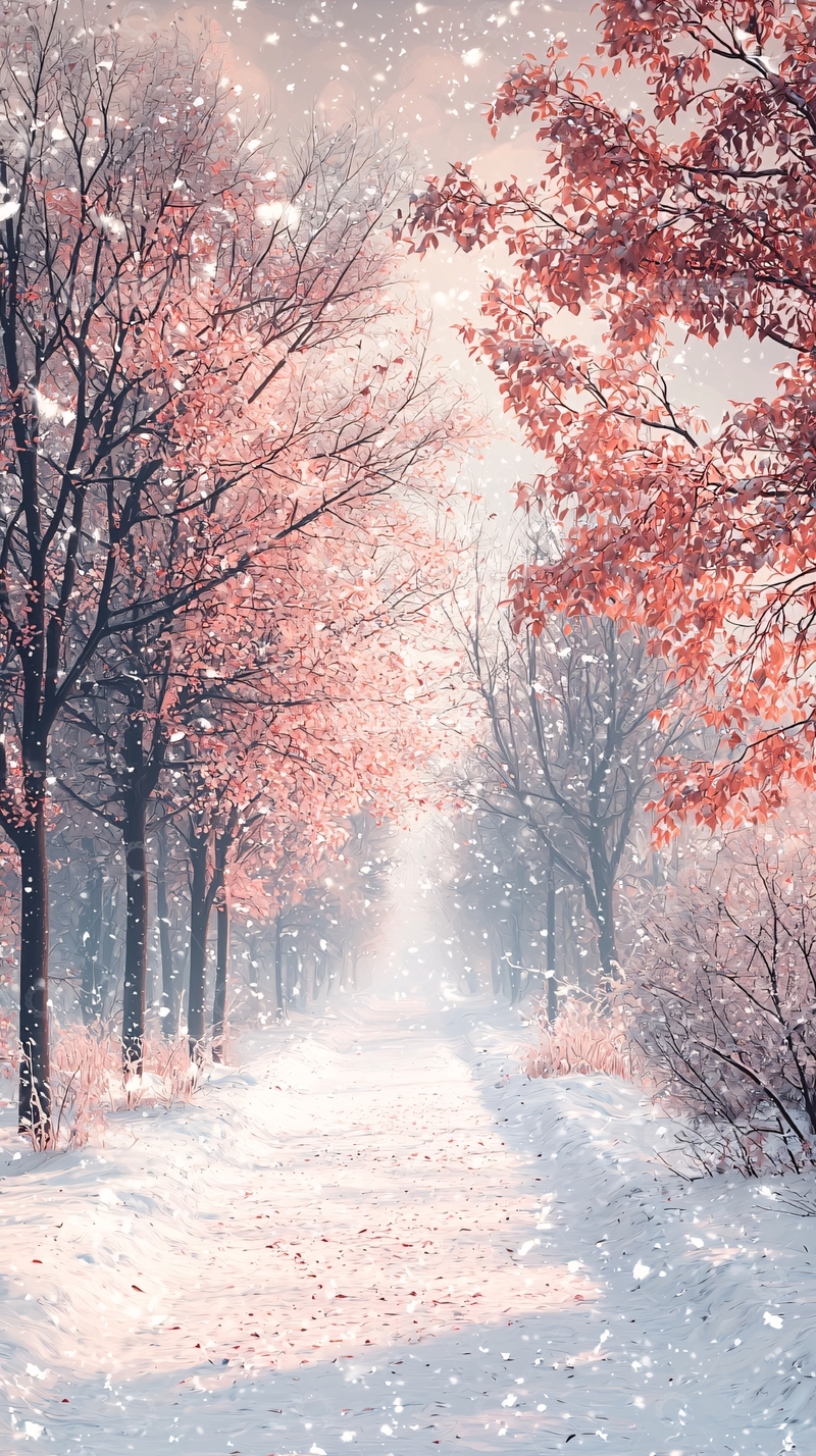 高清大图下载【趣麦麦图】下雪的粉色树林小路