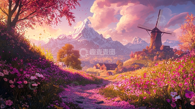 高清大图下载【趣麦麦图】梦幻山谷风车田园