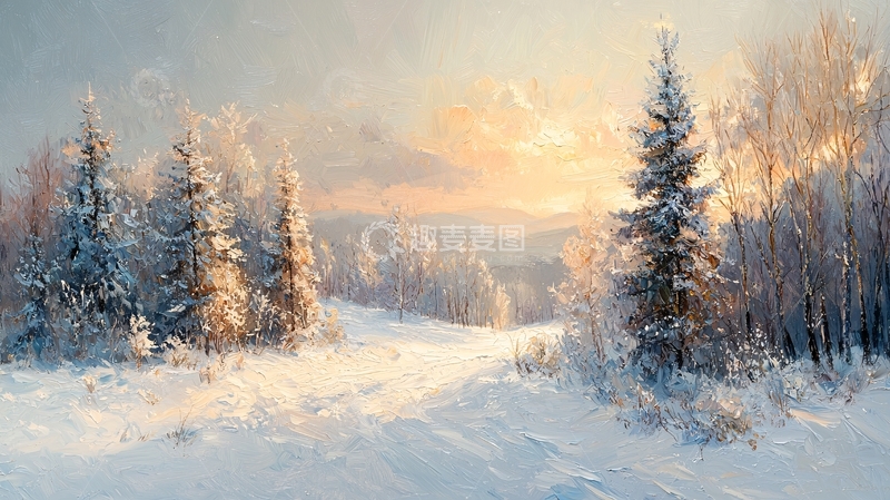 高清大图下载【趣麦麦图】冬日雪景森林日出