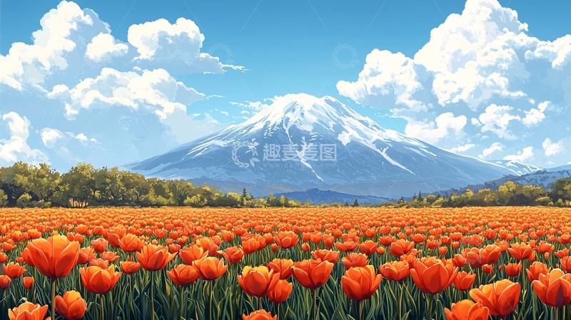 高清大图下载【趣麦麦图】富士山下的郁金香花田